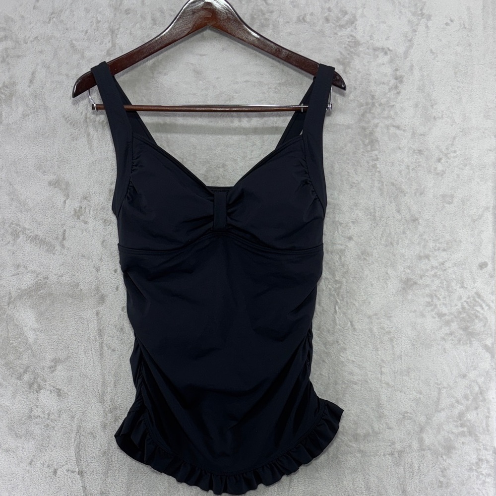 Lands' End Black Tankini Top with Ruched Sides & Ruffled Edge Size 10DDD